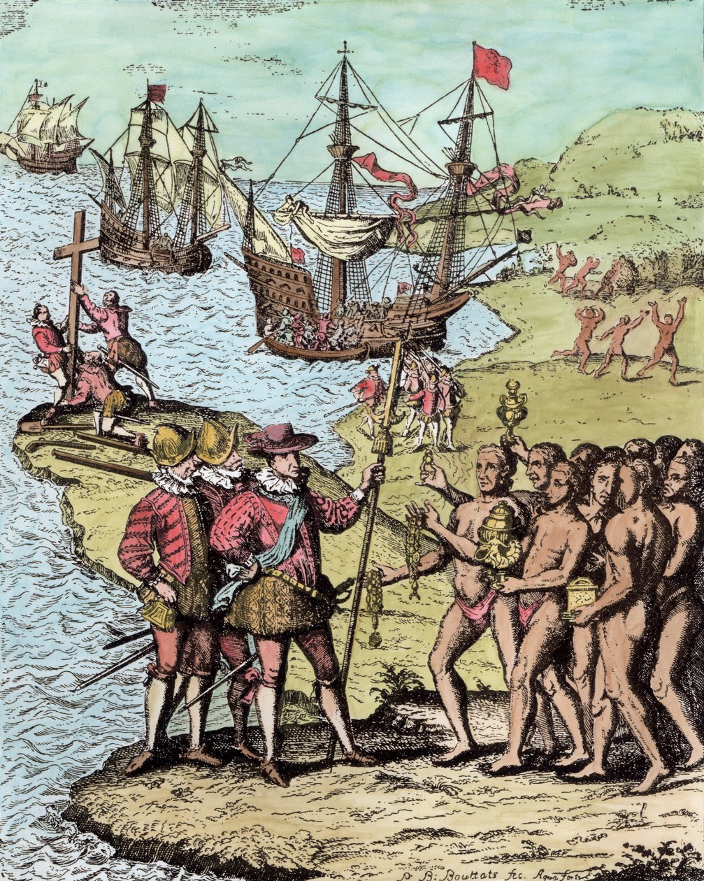 Columbus at Hispaniola, julkaisusta "The Narrative and Critical History of America", toimittanut Justin Winsor, Lontoo, 1886 (myöhempi väritys) tekijältä Theodore de Bry