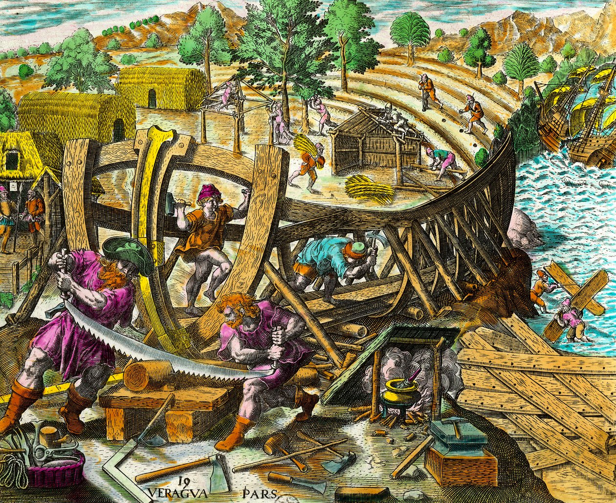 Veneen rakentaminen espanjalaiselle navigaattorille Vasco Nunez de Balboalle (1475-1517) Kaiverrus Theodore de Bryn (1528-1598) teoksesta "Amerikan historia" 1500-luvulta. Yksityinen kokoelma tekijältä Theodore de Bry
