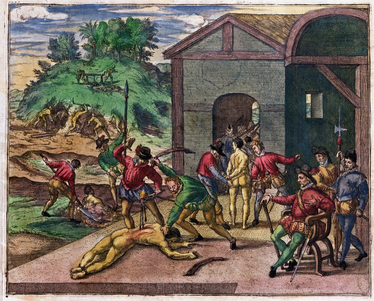 Espanjalaisten siirtolaisten julmuus intiaaneja kohtaan, Meksiko, n. 1550 tekijältä Theodore de Bry
