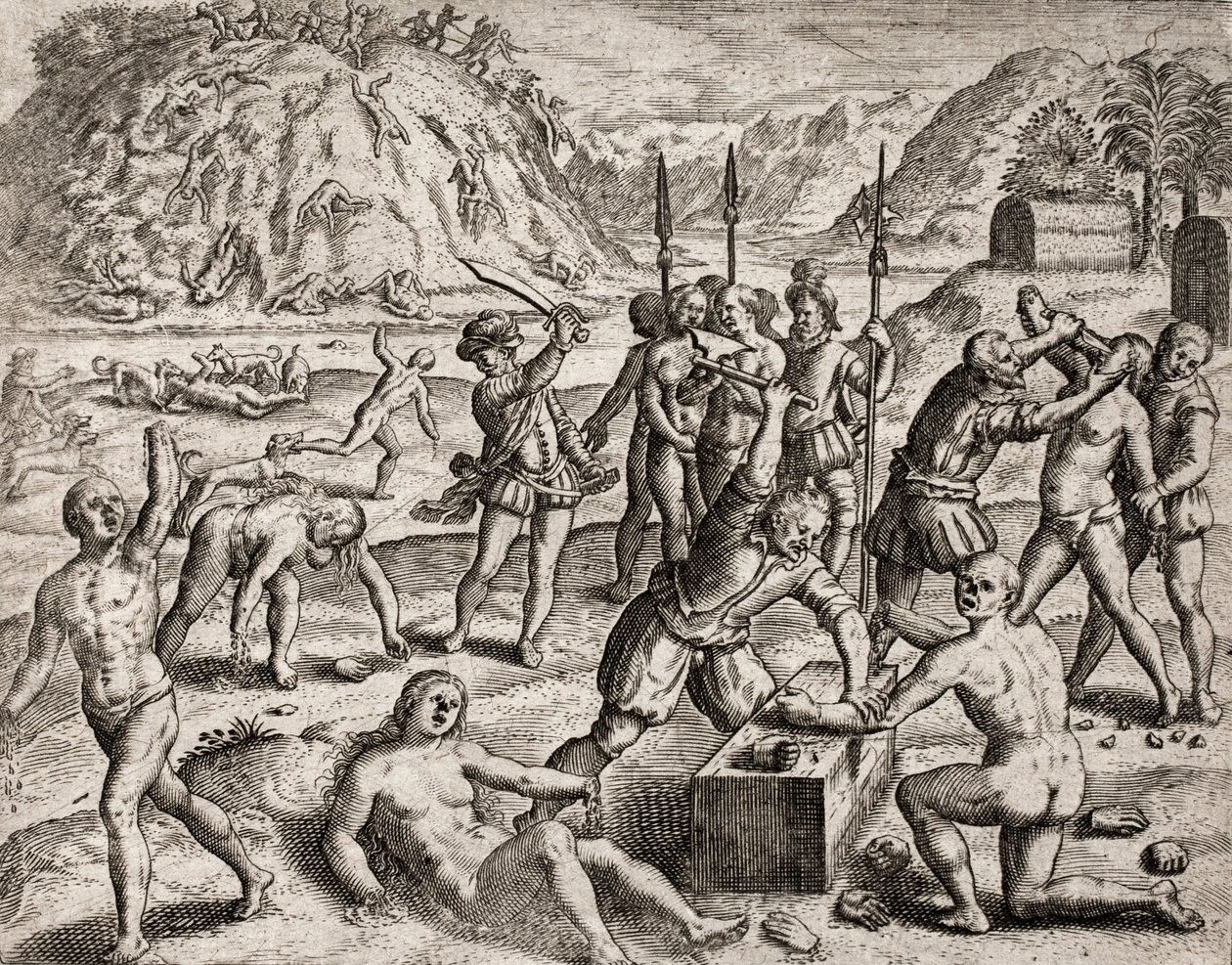 Kuvaus espanjalaisten siirtokuntien intiaaneihin tekemistä rikoksista – valloittajat murhaavat intiaanikylän. Amputations des mains – Theodore de Bryn kaiverrus Bartolome d. tekijältä Theodore de Bry