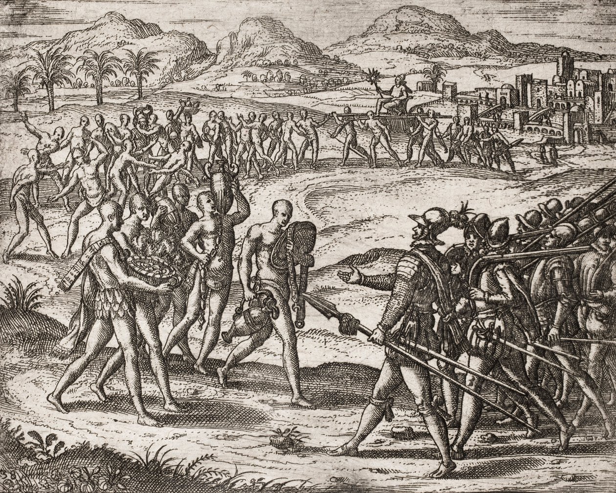 Kuvaus espanjalaisten siirtokuntien intiaaneille tekemistä rikoksista - Intiaanit tuomassa lahjoja ja kultaa valloittajille - Theodore de Bryn kaiverrus " "Tarina joistakin tuhoutuneista espanjalaisista tekijältä Theodore de Bry