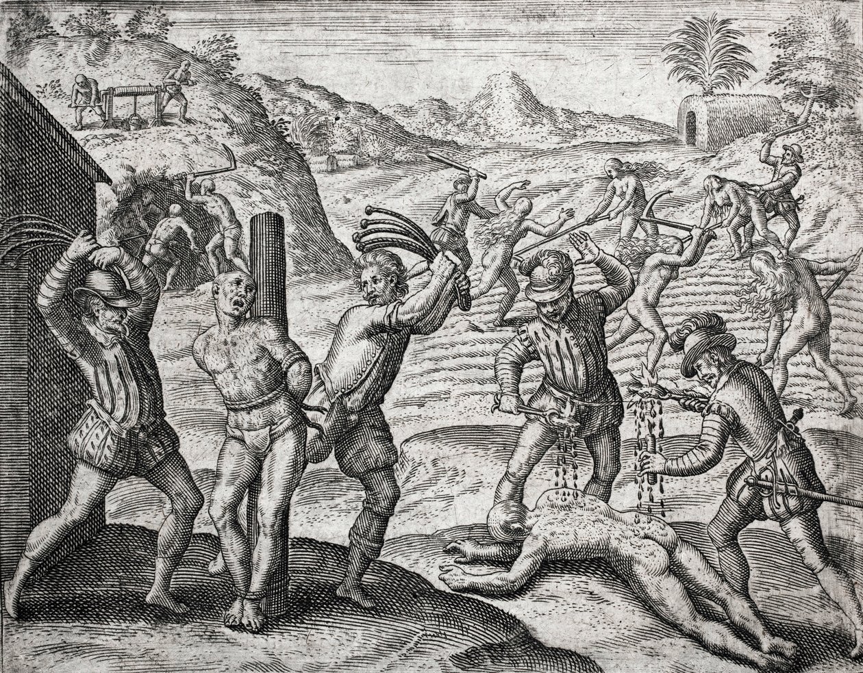 Kuvaus espanjalaisten uudisasukkaiden intiaaneihin tekemistä rikoksista - espanjalaiset kiduttivat intiaania - Theodore de Bryn kaiverrus Bartolome de las Casasin (1484-1566) "Brevisima Relacion de la Destruction de las Indias" -kirjaan tekijältä Theodore de Bry