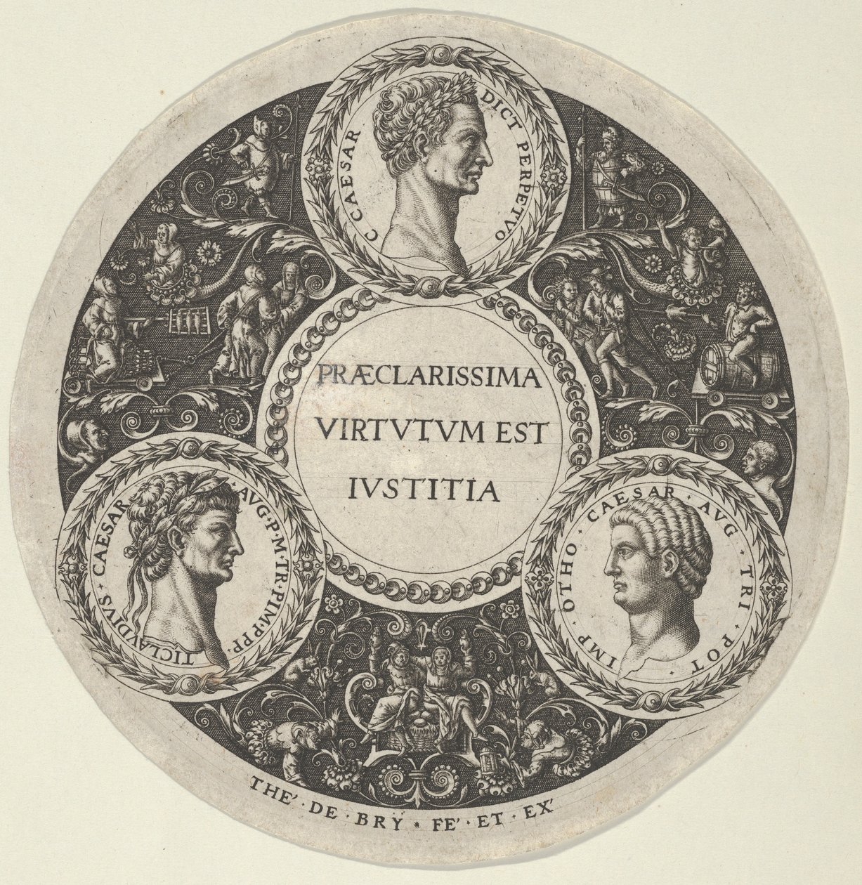 Suunnittelu lautaselle, jossa on muotokuvia Rooman keisareista Caesarista, Claudiuksesta ja Othosta, noin..., n. 1588. tekijältä Theodore de Bry