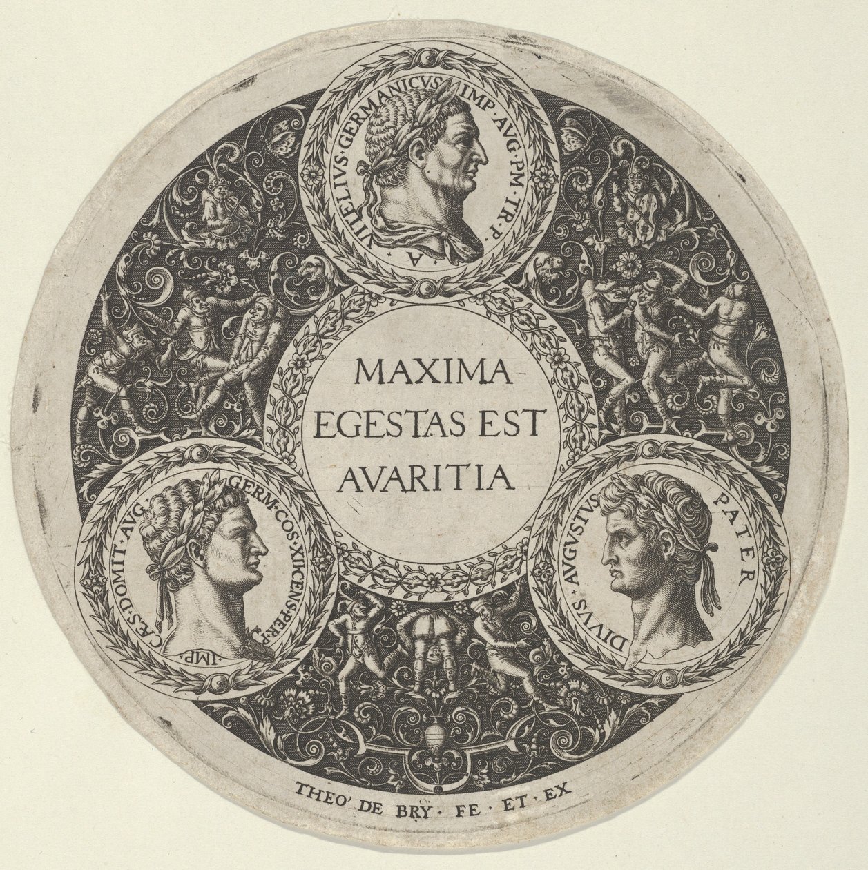 Suunnittelu lautaselle, jossa on muotokuvia Rooman keisareista Vitelliuksesta, Domitianuksesta ja Augustista..., n. 1588. tekijältä Theodore de Bry