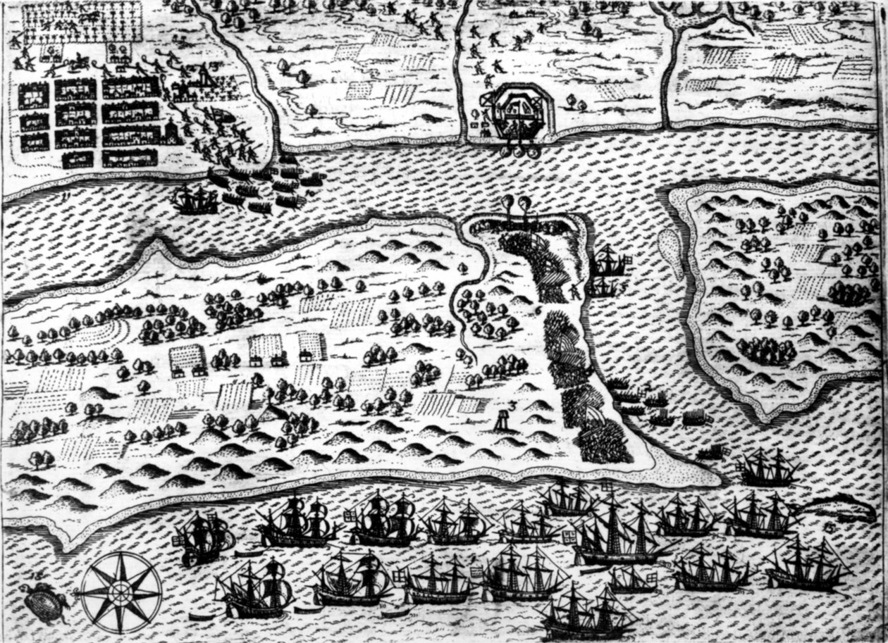Drake vangitsee De Bryn vuonna 1586 "" Saint Augustine -veneen". tekijältä Theodore de Bry