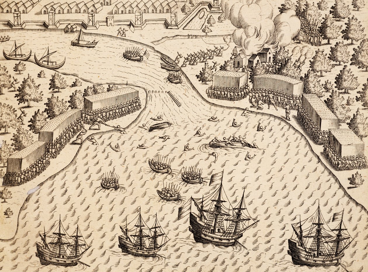 Hollantilaisten saapuminen Maduran saarelle, Jaava, kaiverrus teoksesta India Orientalis, Theodor de Bry (1528-1598), Indonesia. tekijältä Theodore de Bry