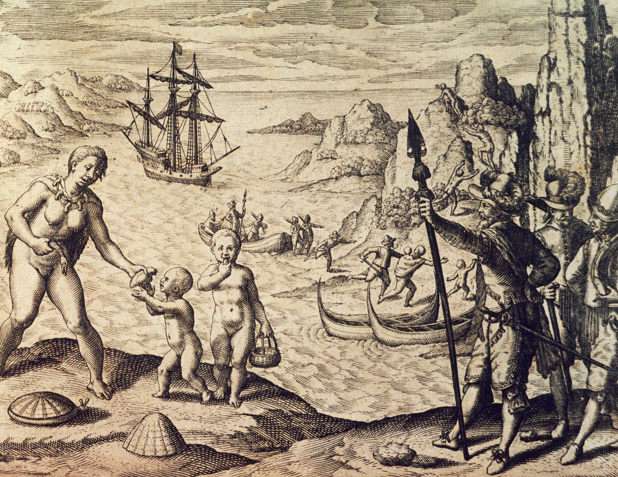 Hollannin kapteeni Sebald de Weert laskeutui Guayanan rannikolle Historia americaesta, Theodor de Bry (1528-1598), Frankfurt tekijältä Theodore de Bry