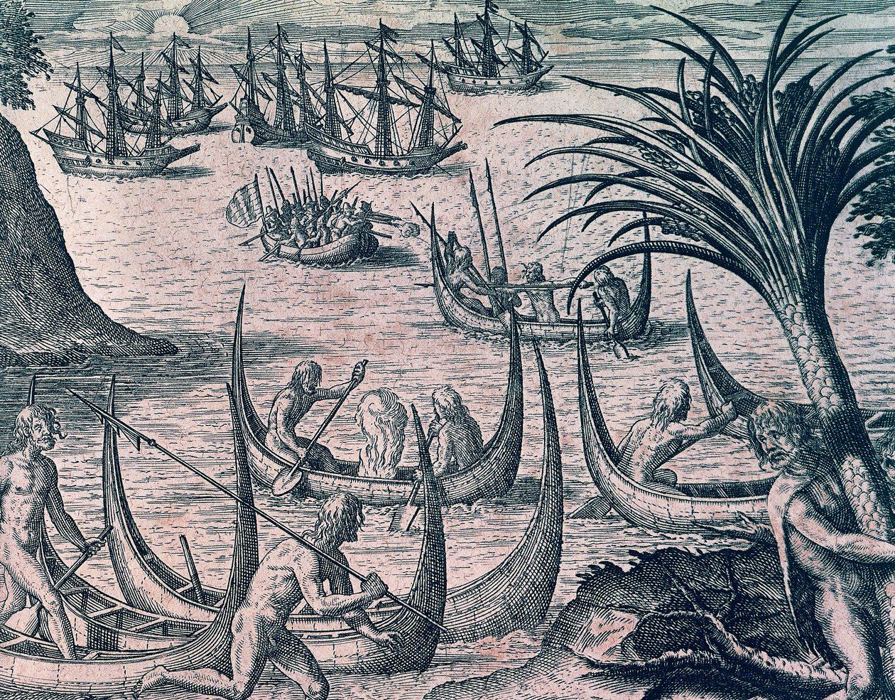 Hollantilaiset laivat Magellanin salmessa, Theodore de Bryn (1528-1598) kaiverrus Amerikan historiasta, Frankfurt tekijältä Theodore de Bry
