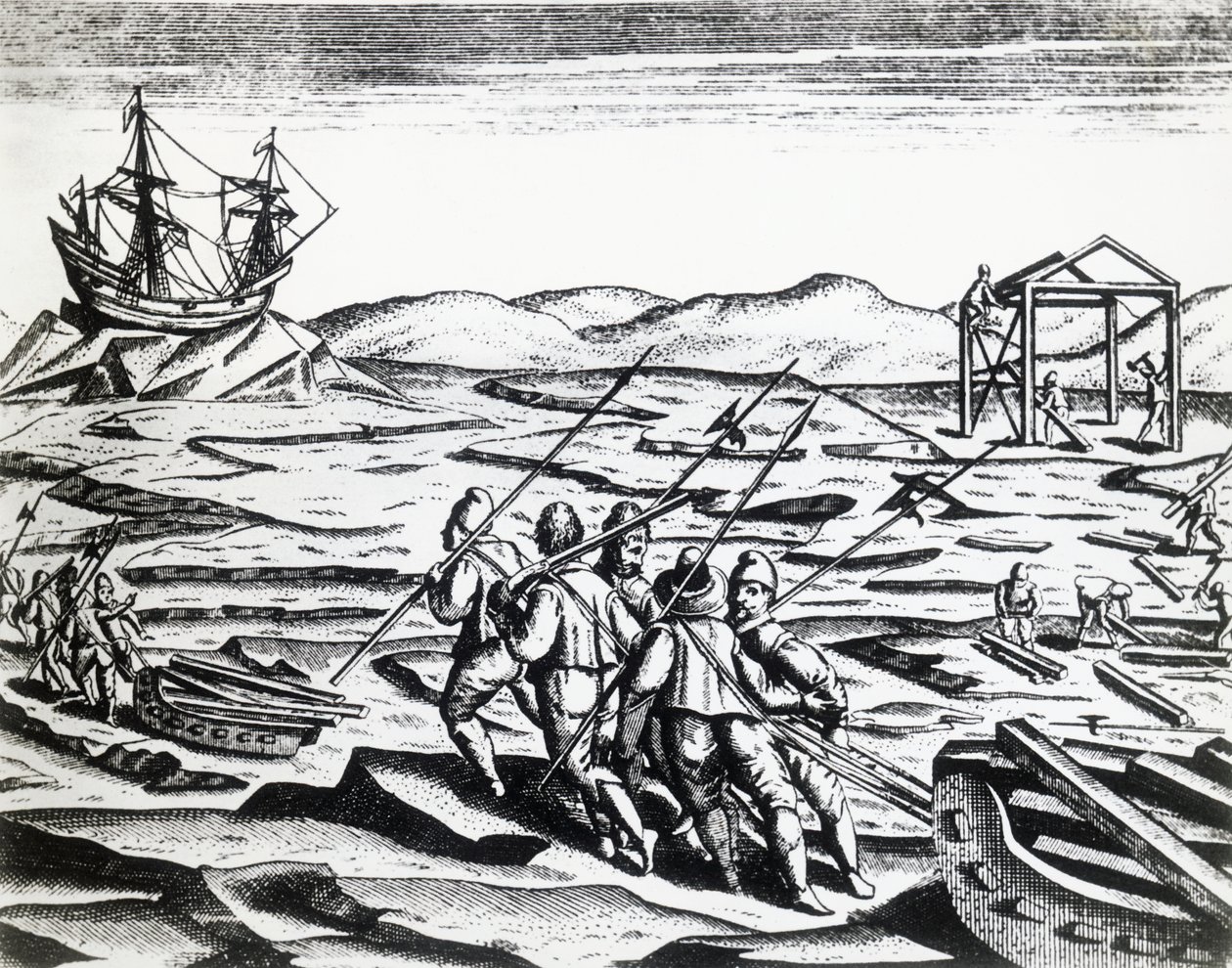 William Barentsin (n. 1550-1597) johtama retkikunta etsimään Koillisväylää Peregrinationesista, Theodor de Bry (1528-1598), kaiverrus tekijältä Theodore de Bry