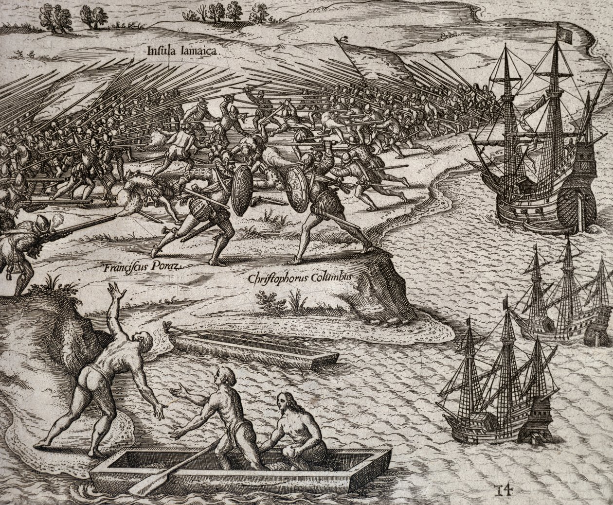 Kristoffer Kolumbuksen ja Francesco Poresion välinen taistelu Jamaikalla, Theodor de Bryn (1528-1598) kaiverrus. tekijältä Theodore de Bry