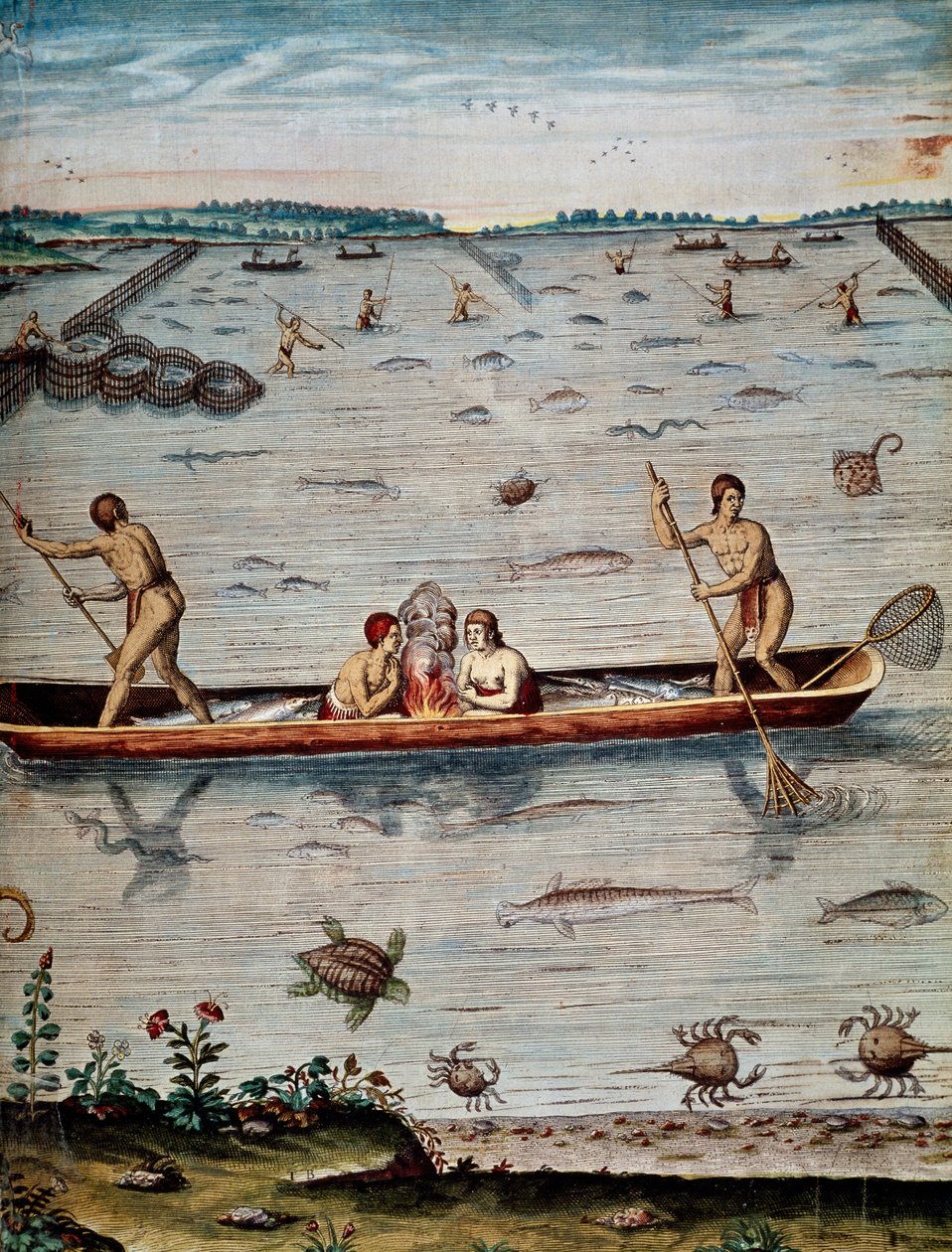 Virginian alkuperäisasukkaiden kalastustekniikat, Theodor de Bryn (1528-1598) kaiverrus Admiranda narrative trust tamen, commodis et de incolarvm ritibvs Virginae tekijältä Theodore de Bry