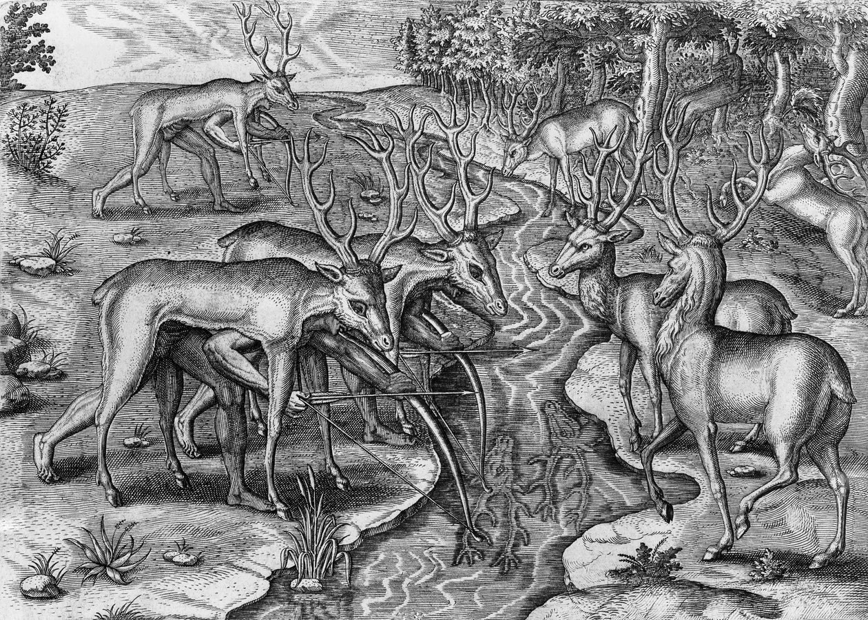 Floridassa metsästävät intiaanit, naamioituneet peuroiksi, Yhdysvallat, kaiverrus Theodor de Bry (1528-1598) Indorum Floridam provinssista inhabitantium eicones, Jacques Le Moyne de Morgues (1533-1588), Frankfurt am Main tekijältä Theodore de Bry