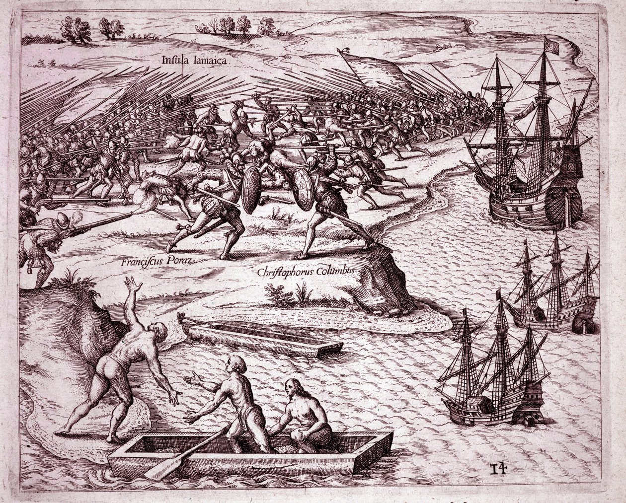 Kristoffer Kolumbuksen neljäs matka Jamaikan saarella vuonna 1503 (kaiverrus tekijältä Theodore de Bry