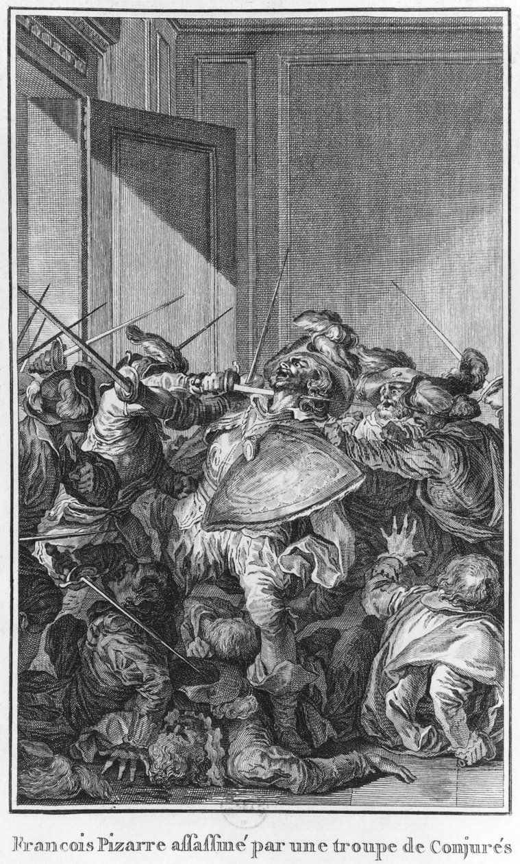 Salaliittolaisten armeija murhasi Francisco Pizarron, 1541 tekijältä Theodore de Bry