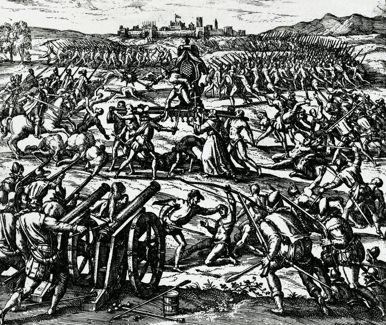 Francisco Pizarron (noin 1475-1541) joukot vangitsivat inkakeisari Atahualpan Cajamarcan taistelussa 16. marraskuuta tekijältä Theodore de Bry