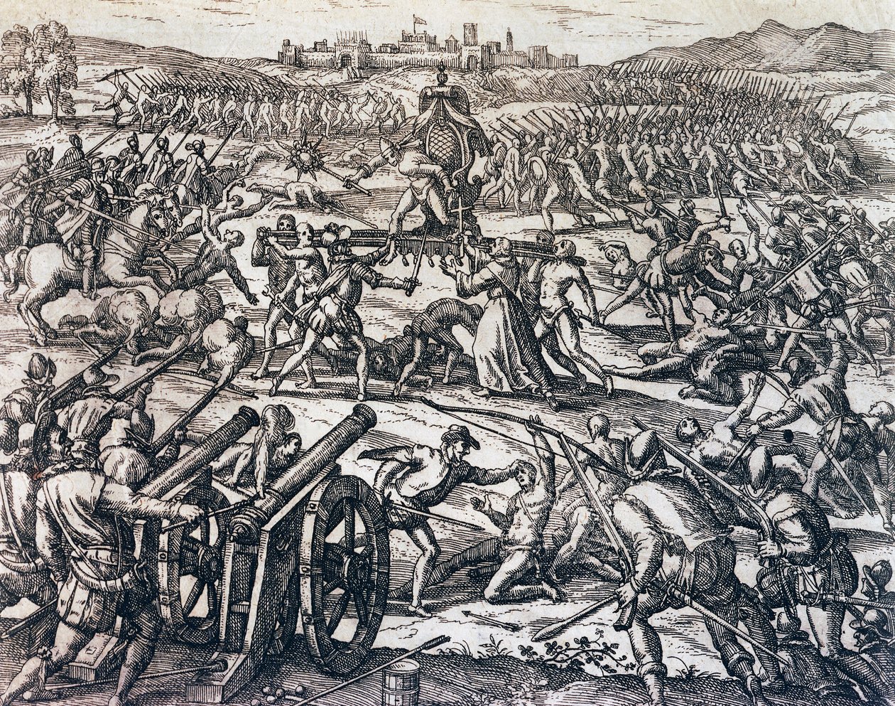 Francisco Pizarron (noin 1475-1541) joukot vangitsivat inkakeisari Atahualpan Cajamarcan taistelussa 16. marraskuuta tekijältä Theodore de Bry