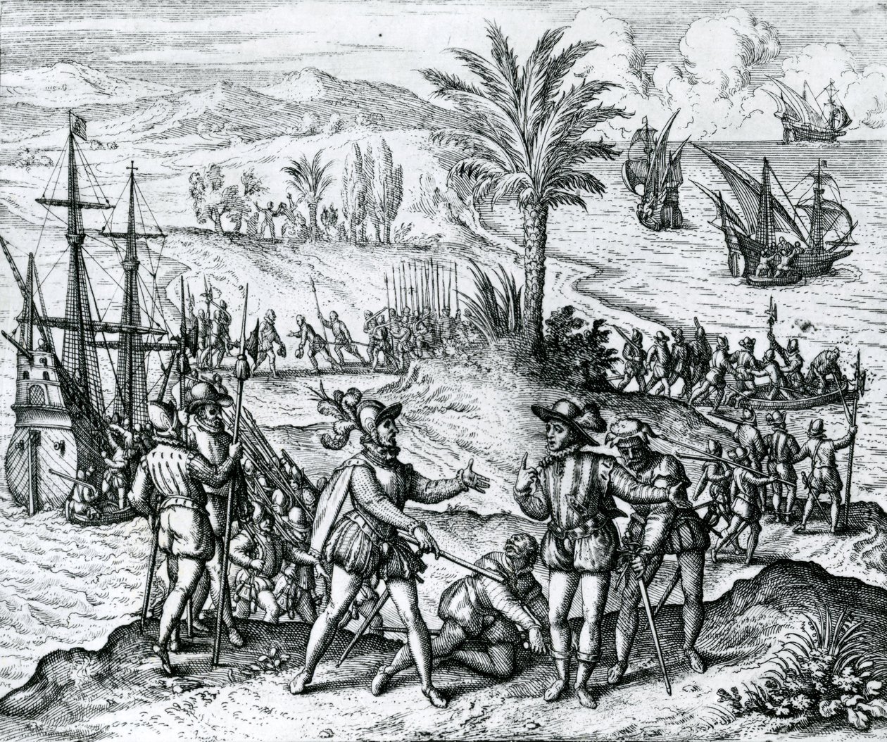 Francisco de Bobadilla saapuu kuvernööriksi ja pidätti Christopher Columbuksen (1451-1506) Hispaniolassa, 1500, 1590 tekijältä Theodore de Bry