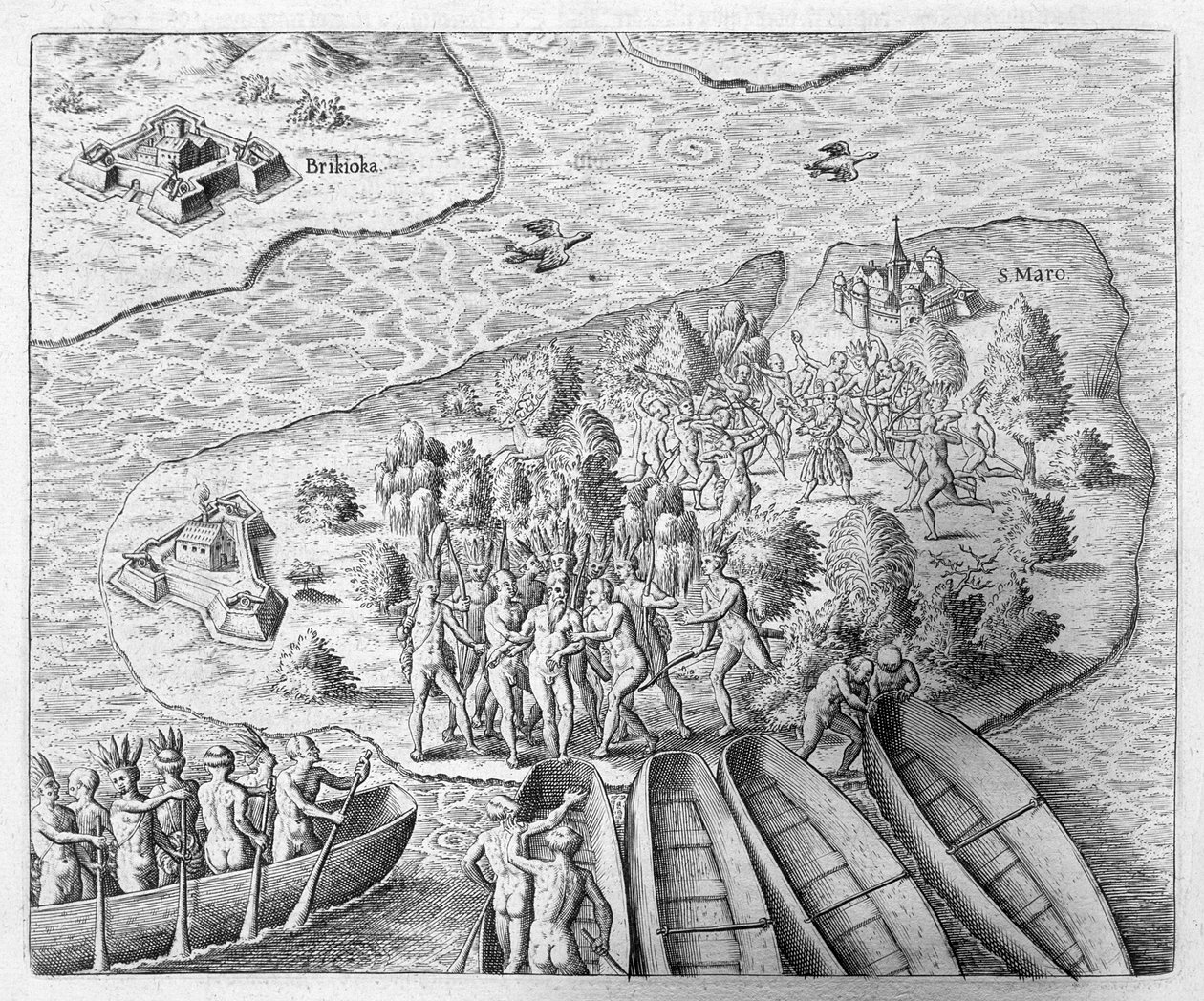 Hans Staden, jonka Tupinamba-intiaanit vangitsivat hänen Brasilian-matkallaan vuonna 1552, Johann Ludwig Gottfriedin teoksesta "Newe Welt und Americanische Historien", jonka on julkaissut Mattaeus Merian, Frankfurt, 1631 (eng.) tekijältä Theodore de Bry