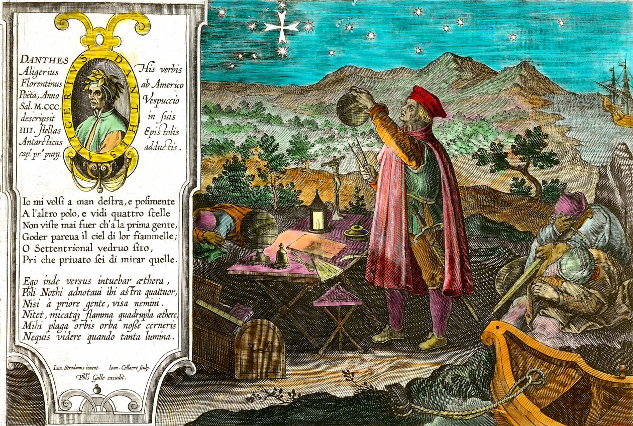 Amerikan historia: Amerigo Vespucci (Americus Vespucius) (1451/1454-1512), italialainen kauppias ja merenkulkija käyttää astrolabiaan eteläisen ristin mittaamiseen. Vasen muotokuva italialaisesta runoilijasta Dante Alighieristä (1265-1321) ja kappale th:n  tekijältä Theodore de Bry