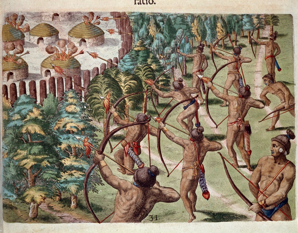 Amerikan historia: "" Intiaaniheimo hyökkää kylään Floridassa yöllä"" Kaiverrus Theodore de Bryn (1528-1598) "" Admirante Narratio Americaesta" tekijältä Theodore de Bry
