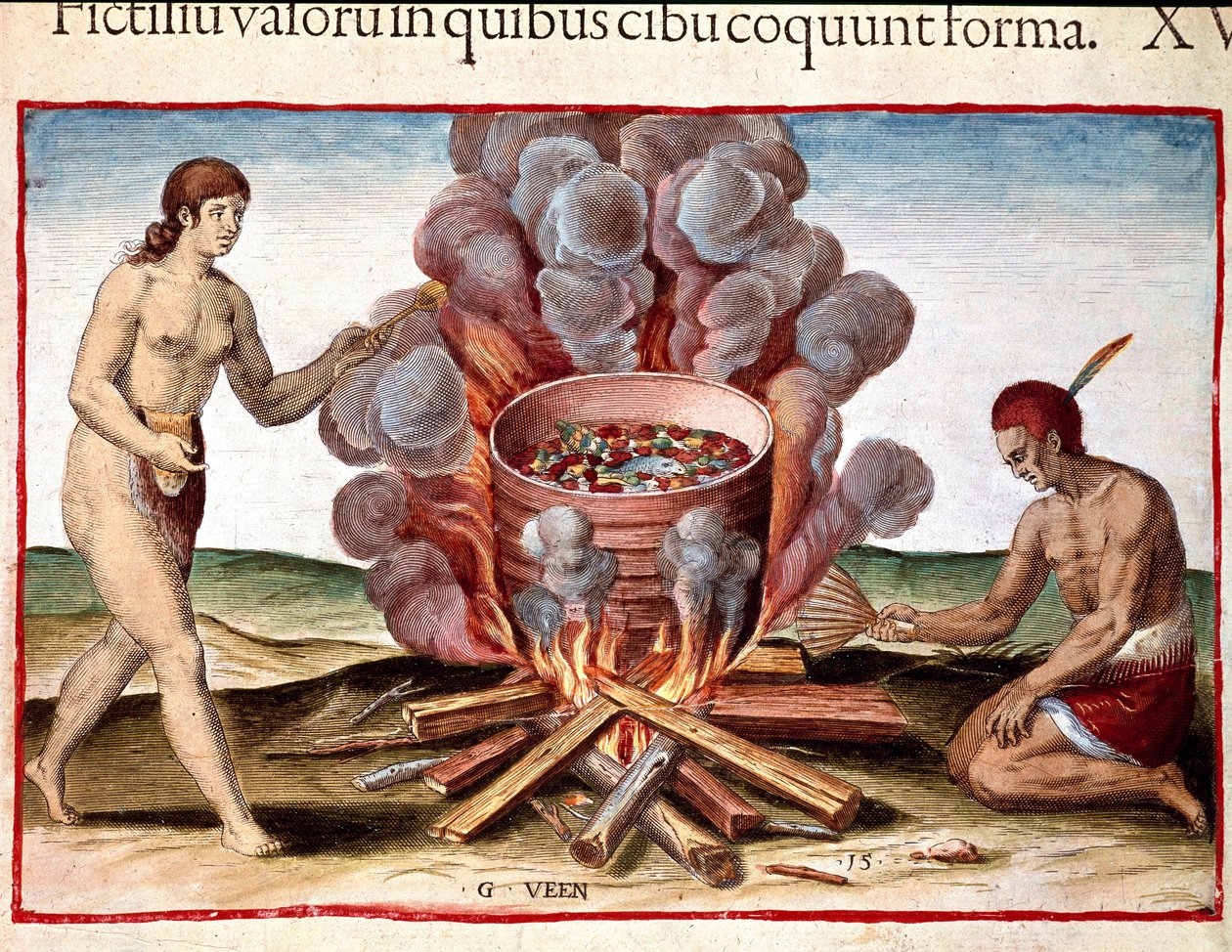 Amerikan historia: "Indian Cooking Fish" -kaiverrus Theodore de Bryn (1528-1598) "Amerikan ihailtavasta kertomuksesta" tekijältä Theodore de Bry