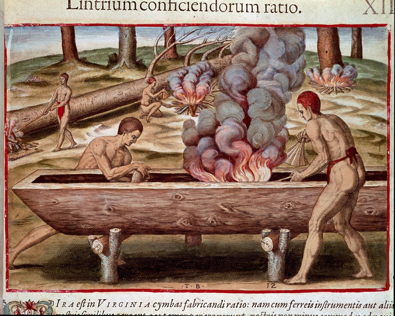 Amerikan historia: "Intiaanit rakentavat veneitä"" Kaiverrus Theodore de Bryn (1528-1598) "Admirante Narratio Americaesta" tekijältä Theodore de Bry