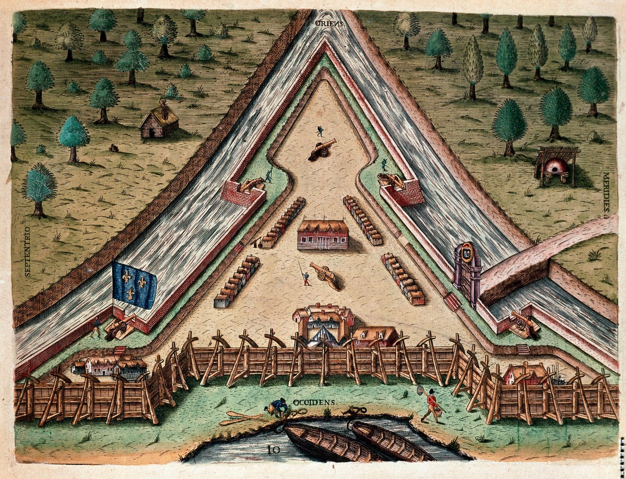 Amerikan historia: "Life of Fort Carolina, Bastion of Carolina" "Kaiverrus "Admirante Narratio Americaesta" Theodore de Bry (1528-1598) Jacques le Moynen (de Morgues) (1533-1588) piirustuksen perusteella tekijältä Theodore de Bry