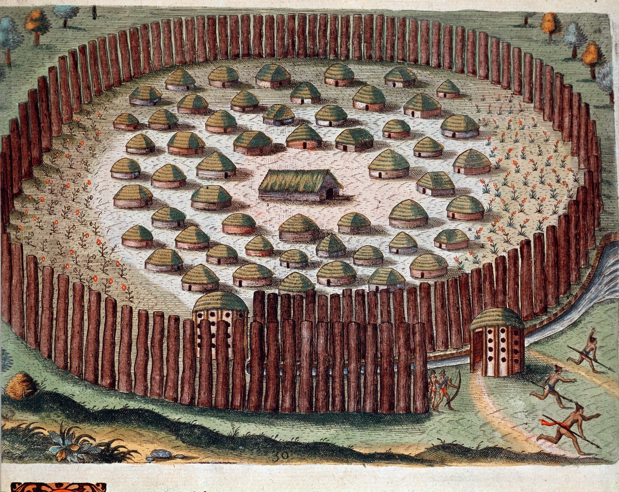 Amerikan historia: "" Esitys intiaanikylästä, joka on linnoitettu Floridassa"" Kaiverrus Theodore de Bryn (1528-1598) "" Admirante Narratio Americaesta"" tekijältä Theodore de Bry