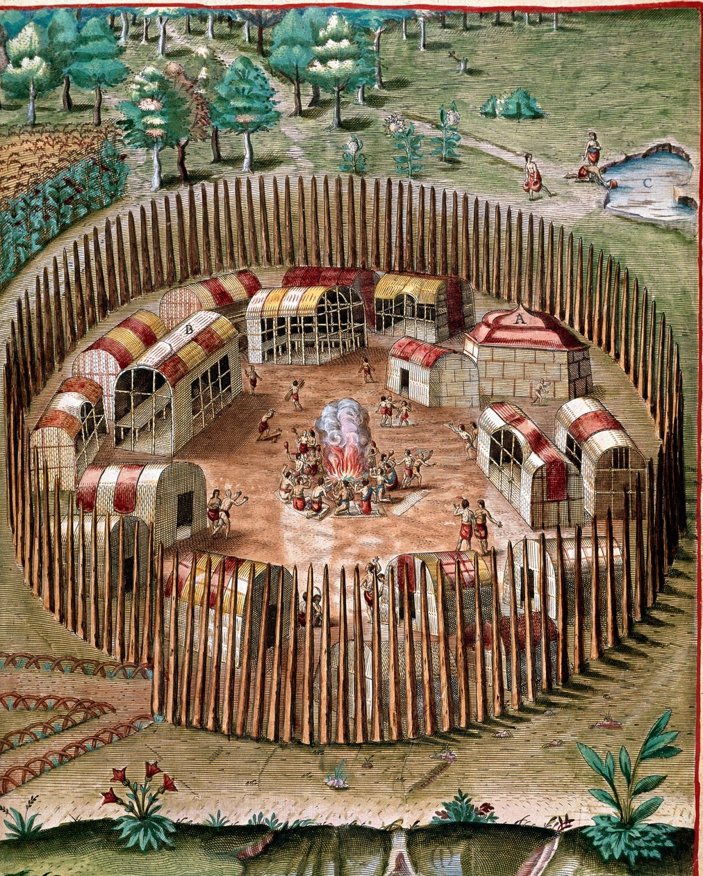 Amerikan historia: "" Pomeiockin tai Pomeioocin linnoitettu kaupunki Virginiassa vuonna 1585""" Kaiverrus Theodore de Bryn (1528-1598) "" Admirante Narratio Americae"" -kirjasta tekijältä Theodore de Bry