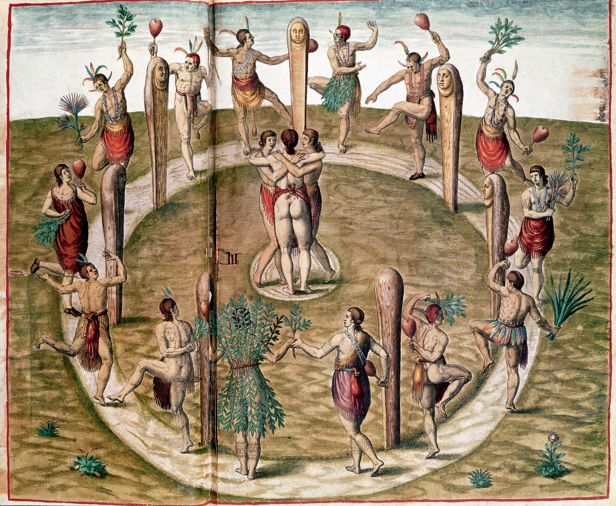 Amerikan historia: Theodore de Bryn (1528-1598) kaiverrus "" Rituaalitanssi ystävyyden juhlimiseksi". 1500-luvun Vincennes, laivaston historiallinen museo tekijältä Theodore de Bry