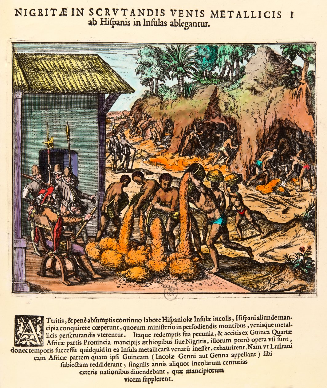 Amerikan historia: espanjalaiset hyödyntävät kultakaivoksia. Intiaanit työskentelevät uudisasukkaiden silmien edessä. Kaiverrus Theodore de Bry (1528-1598). 1500-luvun yksityinen kokoelma tekijältä Theodore de Bry