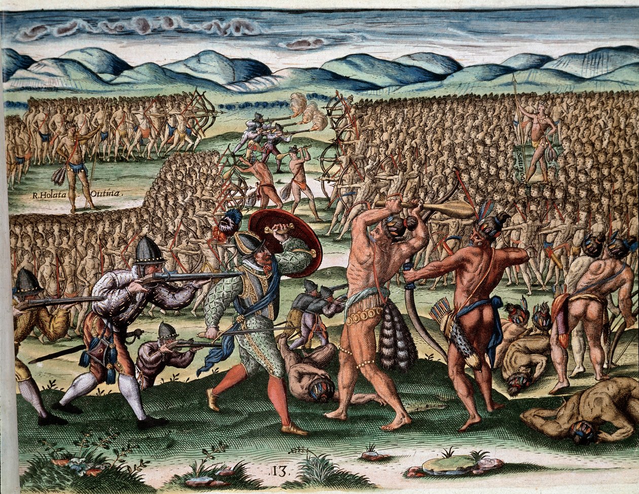 Amerikan historia: "" Päällikkö Outinan (tai Olata Utinan) sotilaat taistelevat käyttäen Jean Ribault