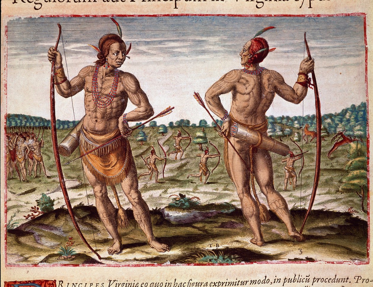 Amerikan historia: "" Kaksi Virginian asukasta, intialaiset nuolet ja jouset"" Kaiverrus Theodore de Bryn (1528-1598) "" Admirante Narratio Americaesta" tekijältä Theodore de Bry