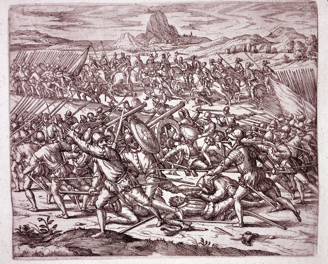 Amerikan historia: taistelut Vaca de Castron ja Almagro juniorin armeijoiden välillä Francisco Pizarron ja Diego de Almagron kuoleman jälkeen (kaiverrus tekijältä Theodore de Bry