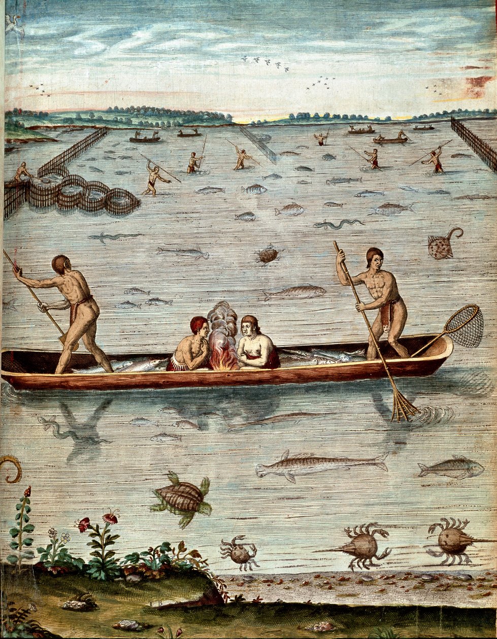 Amerikan historia: "" kalastus Virginian asukkaiden keskuudessa"" Kilpikonnien, rapujen ja erilaisten kalalajien vedessä. Kaiverrus Theodore de Bryn (1528-1598) teoksesta "Admirable Narrative Americae" tekijältä Theodore de Bry