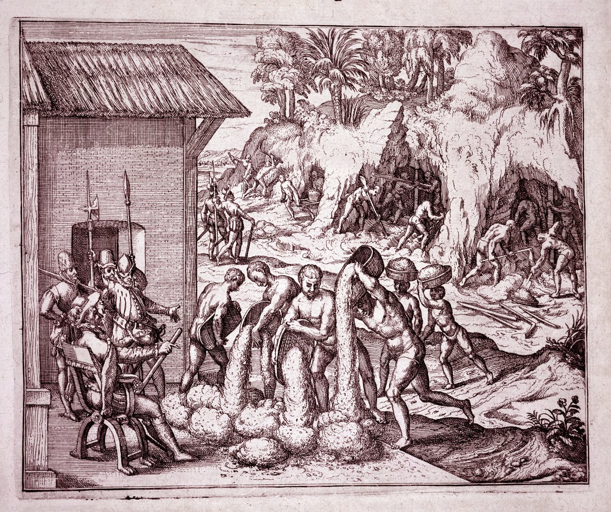 Amerikan historia: espanjalaiset hyödyntävät kultakaivoksia (kaiverrus tekijältä Theodore de Bry