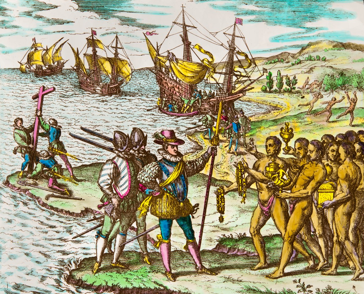 Amerikan historia: intiaanit toivottavat tutkimusmatkailija Christopher Columbuksen (1451-1506) tervetulleeksi hänen saapuessaan uuteen maailmaan"" Theodore De Bryn (1528-1598) kaiverrus 1500-luvun kaiverrus tekijältä Theodore de Bry