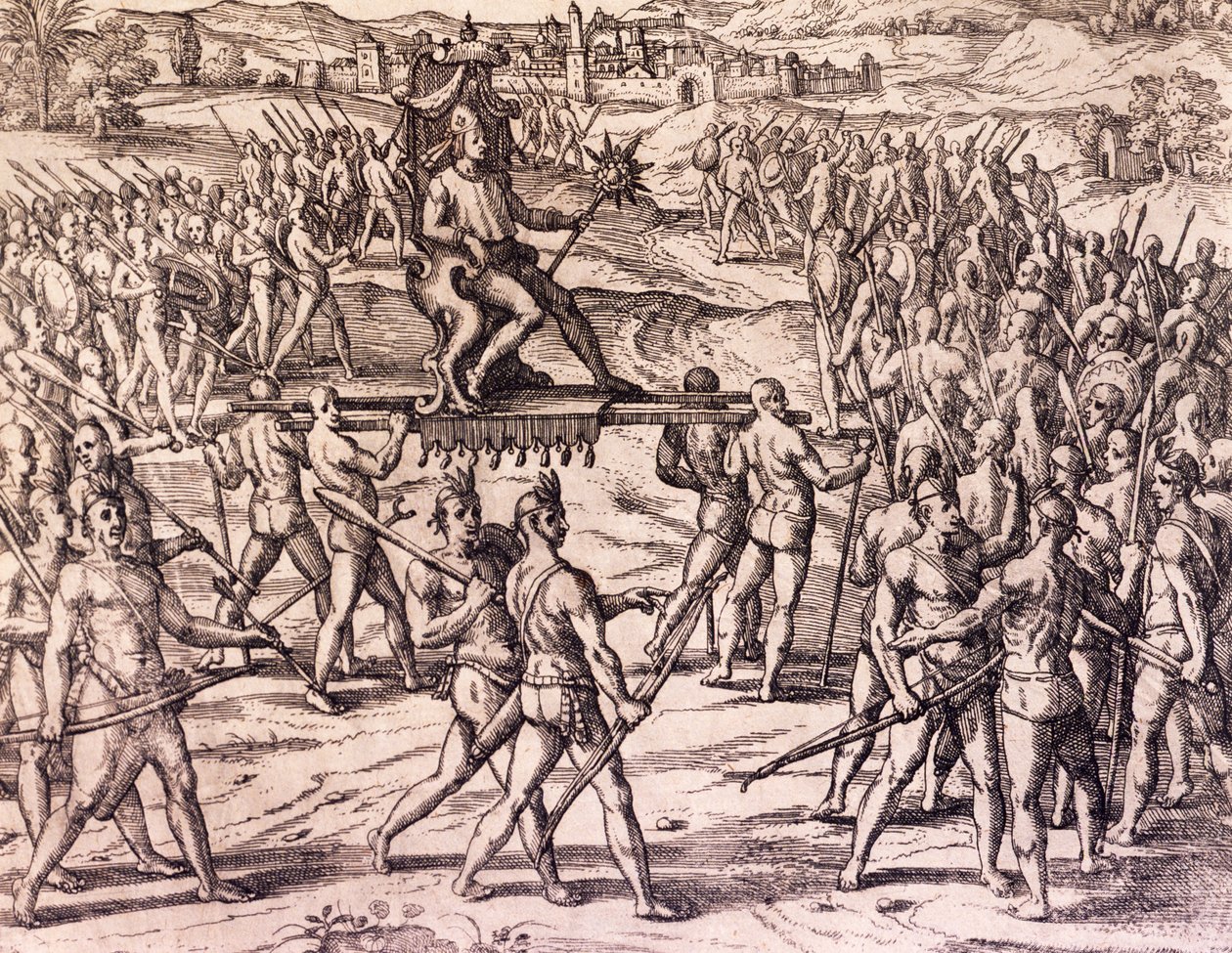 Francisco Pizarron (1475-ca 1541) espanjalaisten joukkojen kukistama inkakeisari Atahualpa, Peru, kaiverrus teoksesta American History, tekijä Theodore de Bry (1528-1598), Frankfurt tekijältä Theodore de Bry
