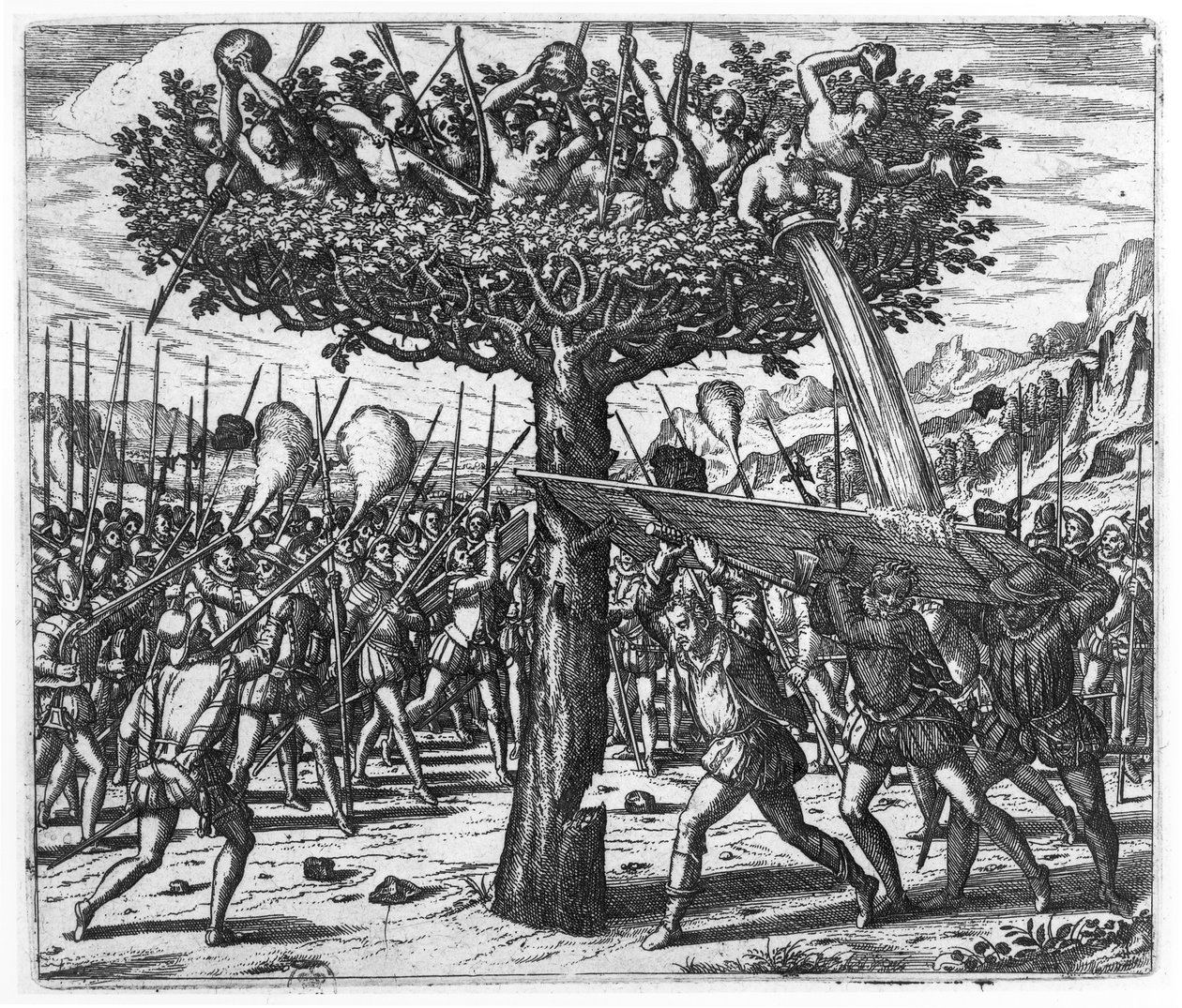 Intiaanit puussa heittelevät ammukset espanjalaisille tekijältä Theodore de Bry