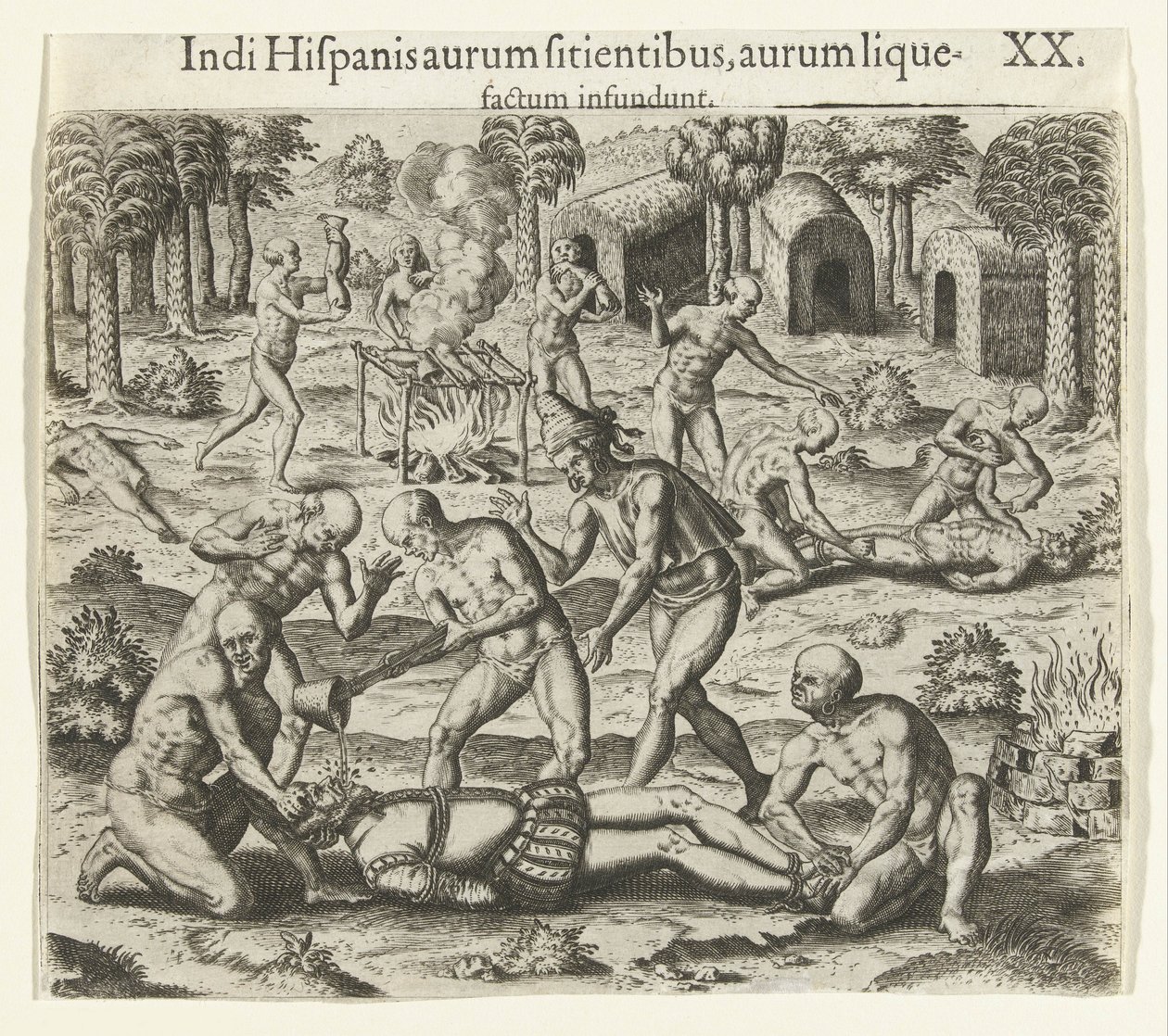 Intiaanit kaatavat nestemäistä kultaa espanjalaisen suuhun, 1594. tekijältä Theodore de Bry