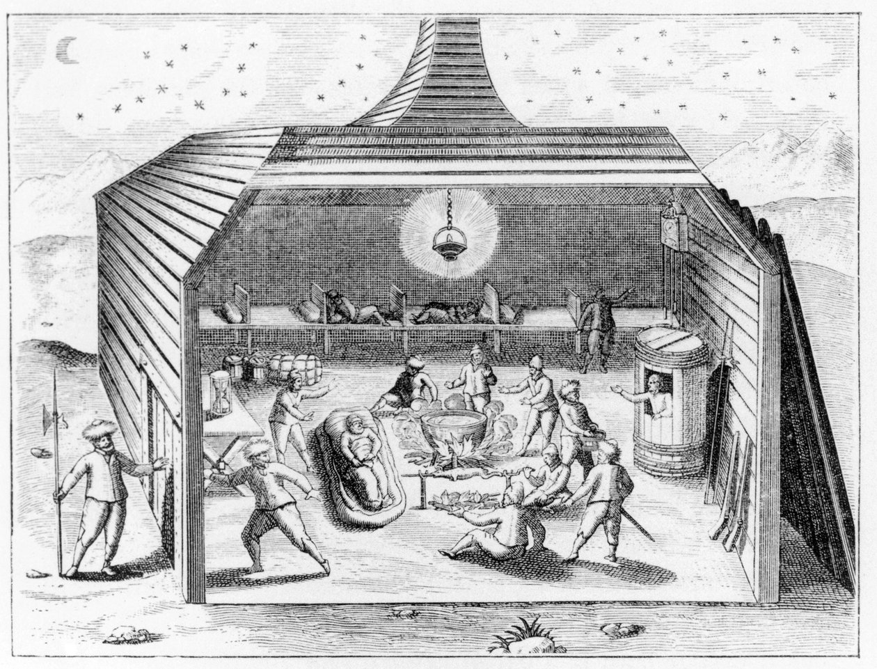 Barentsin talo Novaja Zemljalla, A.E. Nordenskioldin teoksesta The Voyage of the Vega ympäri Aasiaa ja Eurooppaa, julkaistu 1881 tekijältä Theodore de Bry