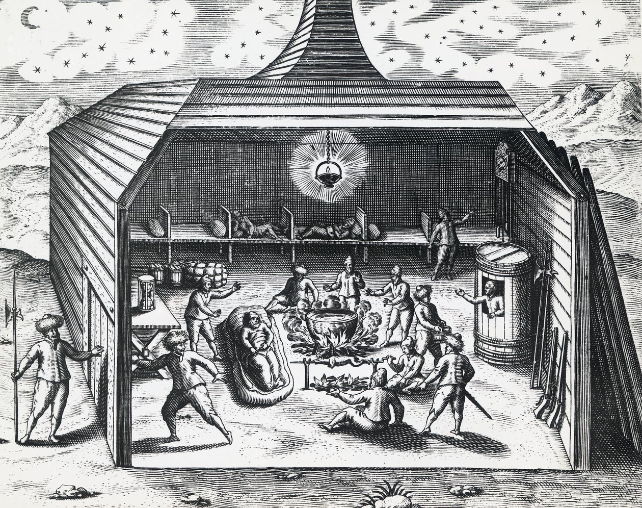 William Barentsin (n. 1550-1597) talvikodin sisustus Venäjän Novaja Zemljan saaristossa, kirjoittanut Theodor de Bry (1528-1598), kaiverrus tekijältä Theodore de Bry