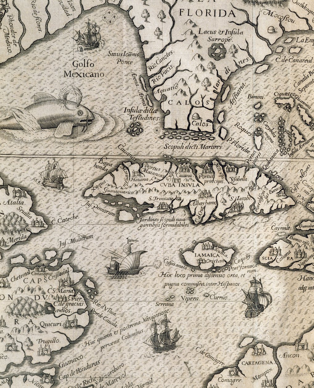 Kuuban saari, Florida ja Meksikonlahti, kaiverrus American Grand Voyages -historiasta tekijältä Theodore de Bry