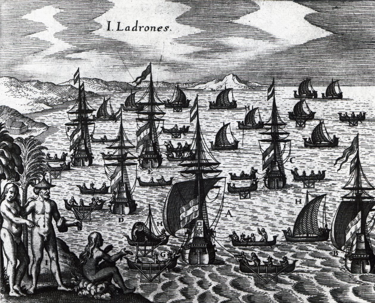 Varkaiden saaret (Islas de los Ladrones, nykyään Marianassaaret), Theodor de Bryn (1528-1598) kaiverrus Peregrinationesista. 16. vuosisata tekijältä Theodore de Bry