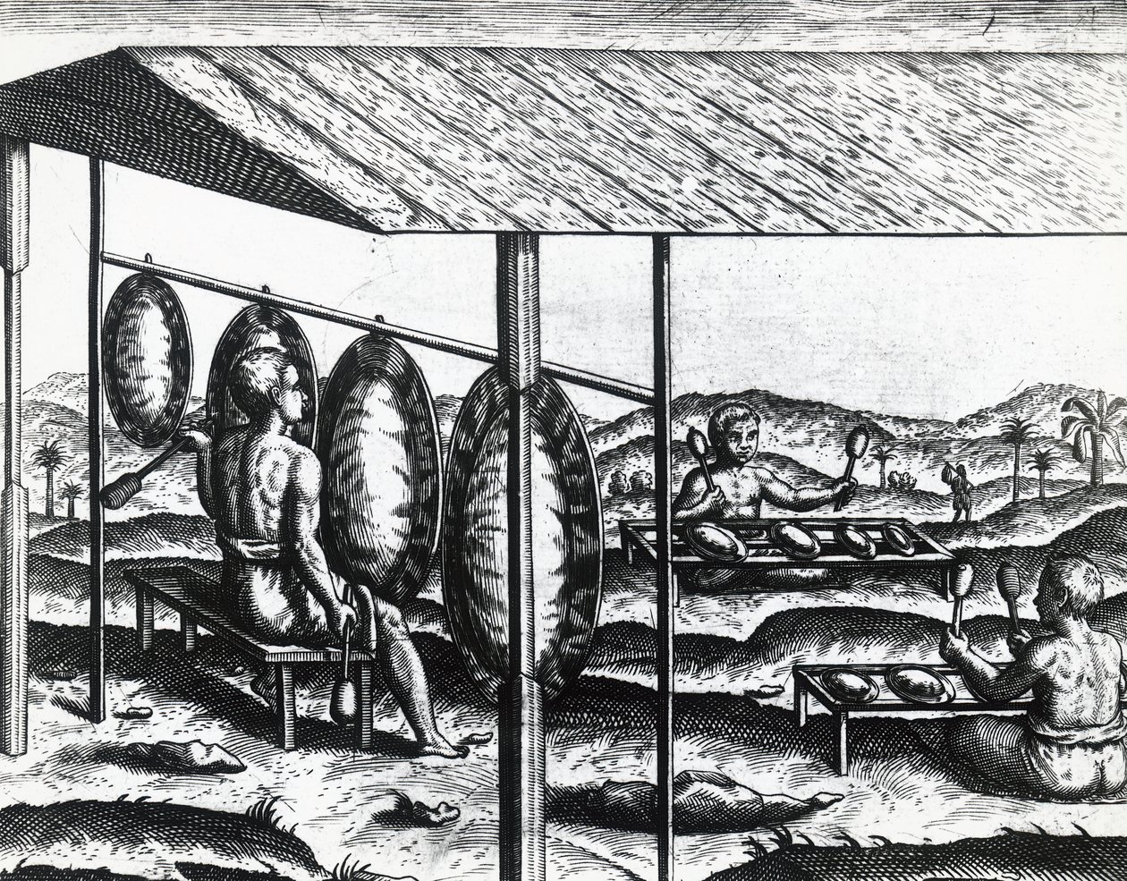 Jaavalaiset soittimet, Theodor de Bry (1528-1598), kaiverrus tekijältä Theodore de Bry