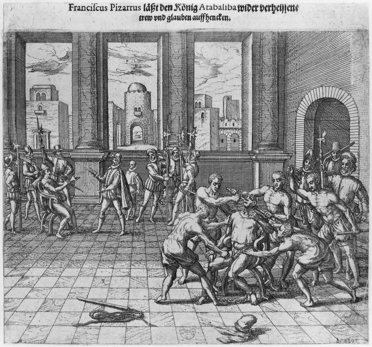 Kuningas Atahualpa (n.1502-33) teloitettiin Cajamarcassa Francisco Pizarron käskystä, 1533. tekijältä Theodore de Bry