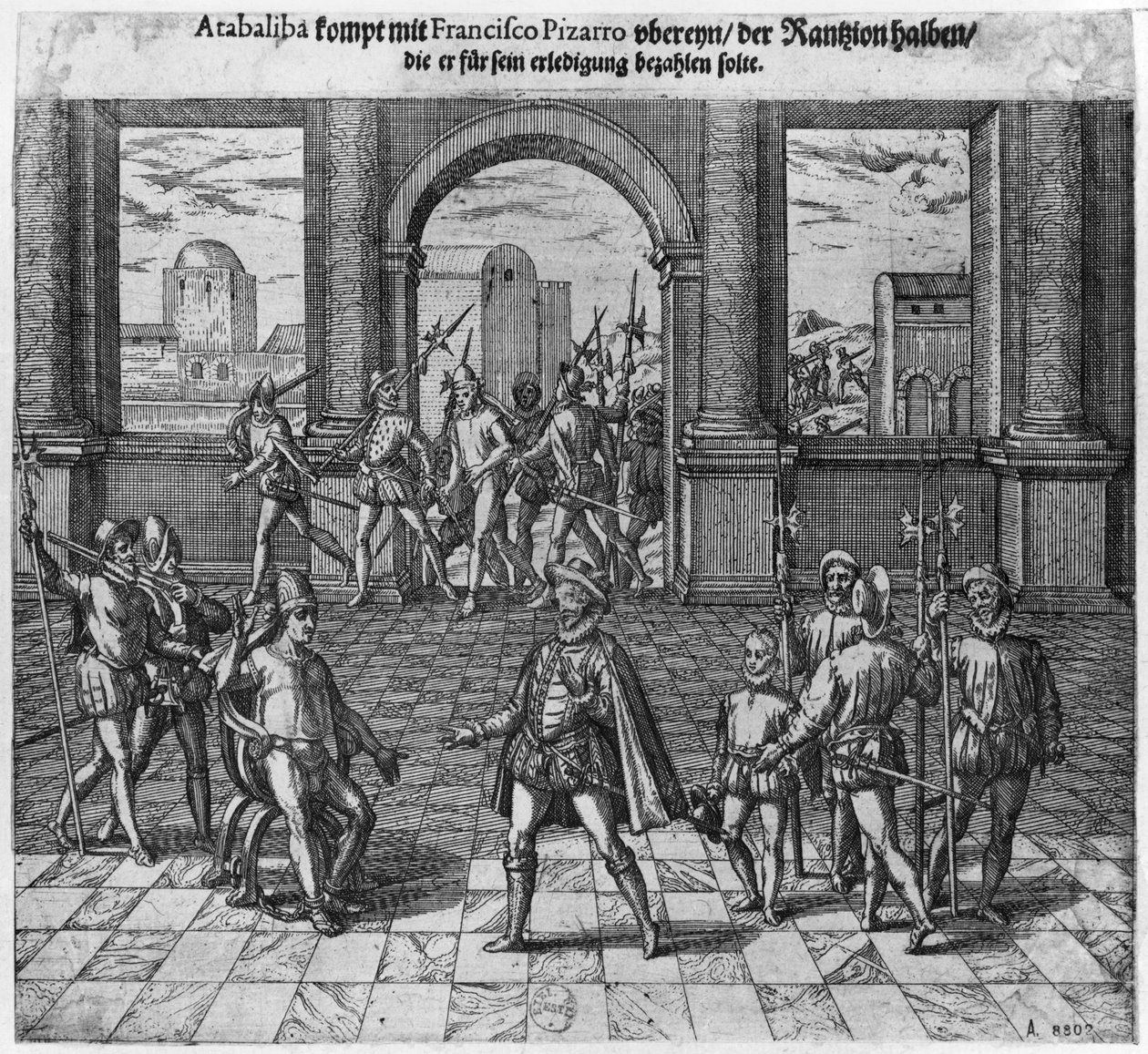 Kuningas Atahualpa (n. 1502-33) hoitaa lunnaita Francisco Pizarron kanssa, 1533 (kaiverrus) (bw kuva) tekijältä Theodore de Bry
