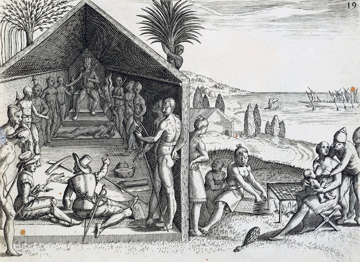 Kuningas vastaanottaa eurooppalaisia vieraita, Cape Lopez, Gabon, Theodor de Bryn (1528-1598) kaiverrus Intiasta orientalis, Afrikka tekijältä Theodore de Bry