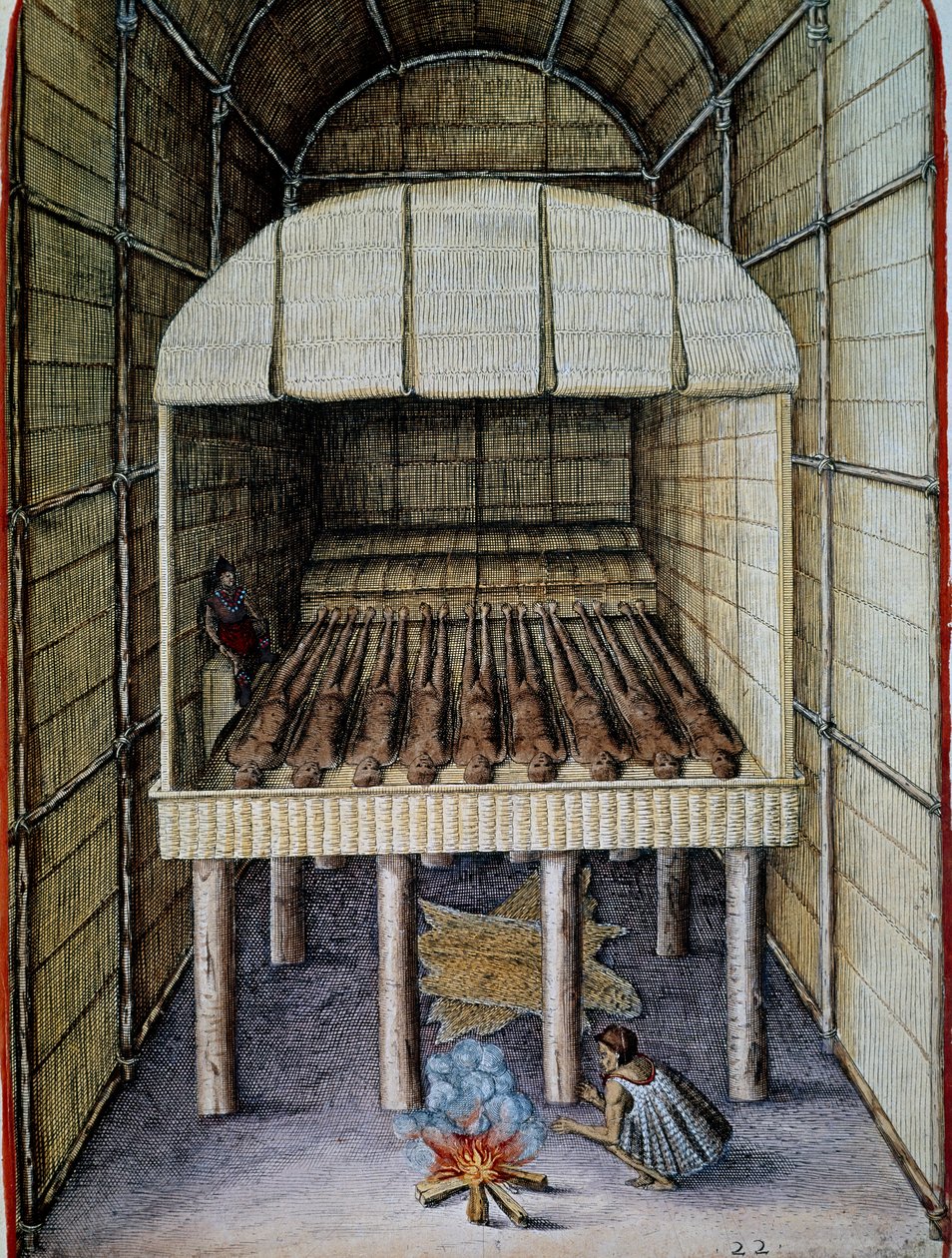 Alkuperäisten elämä, kuolleiden hautaus, kaiverrus Theodor de Bry (1528-1598), Admiranda Narratio, trust tamen, commodis et de incolarvm ritibvs Virginia, Thomas Harriot (1560-1621), Pohjois-Amerikka tekijältä Theodore de Bry