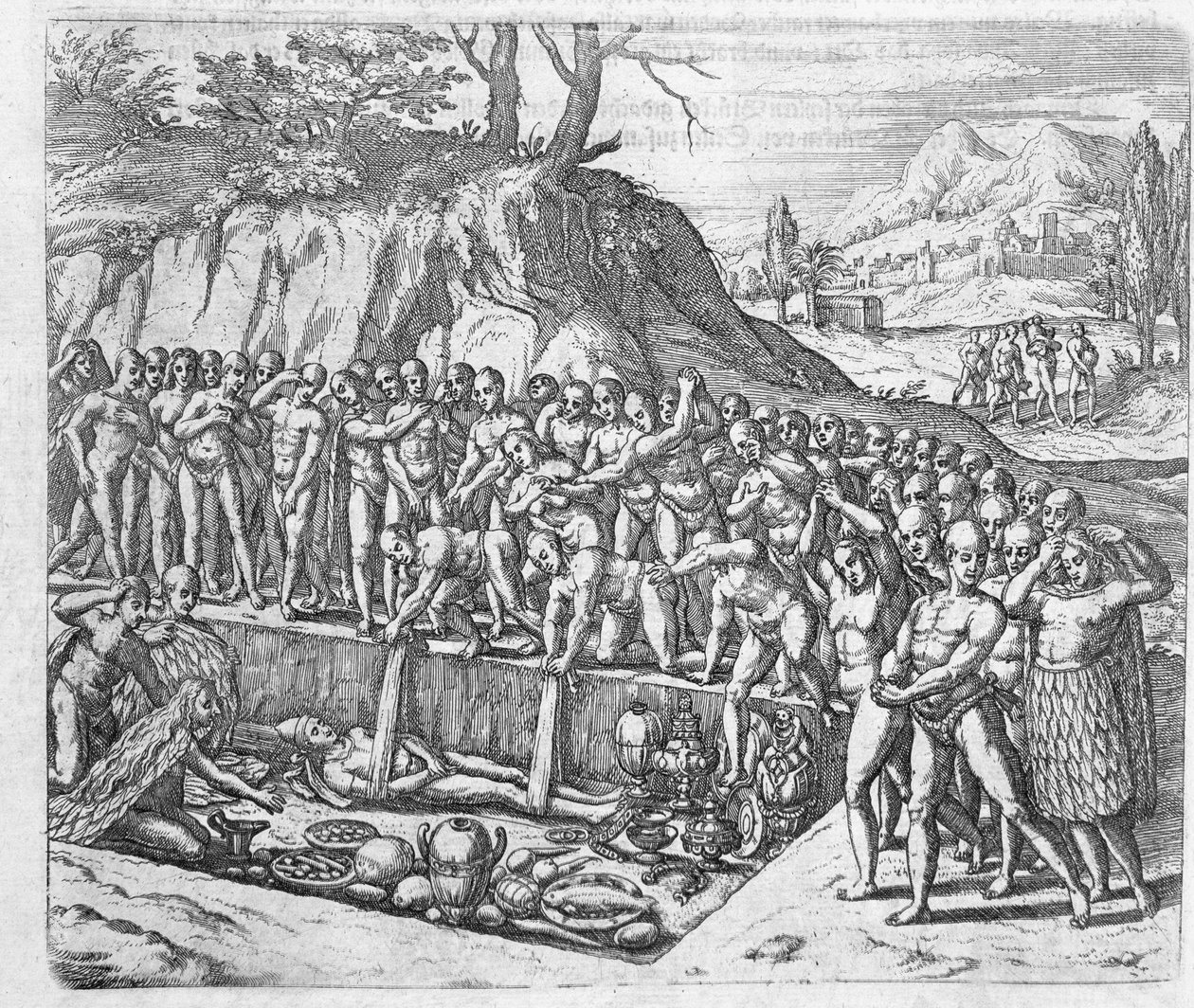 Perun kuninkaiden ja aatelisten hautausmenetelmä Girolamo Benzonin kertomuksesta Perun valloituksesta, Johann Ludwig Gottfriedin kirjasta "Newe Welt und Americanische Historien", julkaisija Mattaeus tekijältä Theodore de Bry